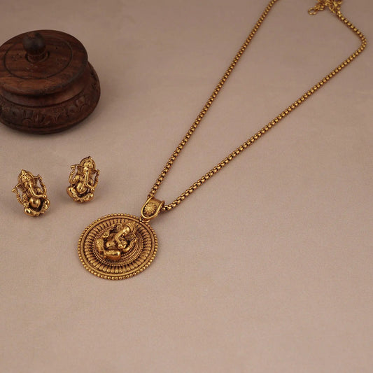 BEAUTIFUL GOLD PLATED GANESH PENDANT SET WITH EARRING | TEMPLE JEWELLERY